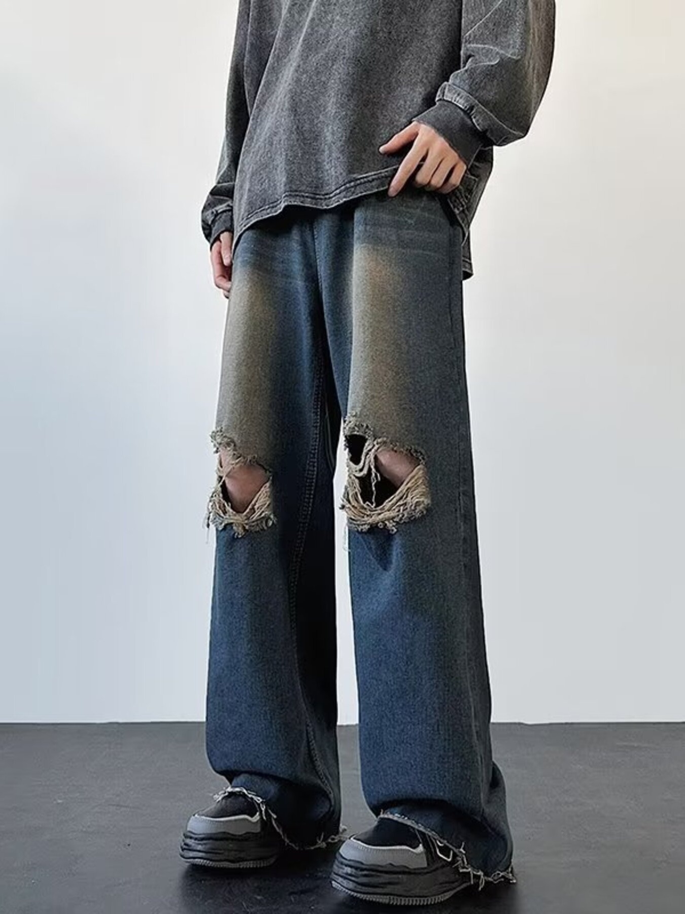 Men's Full Size Distressed Wide Leg Jeans Plus Size