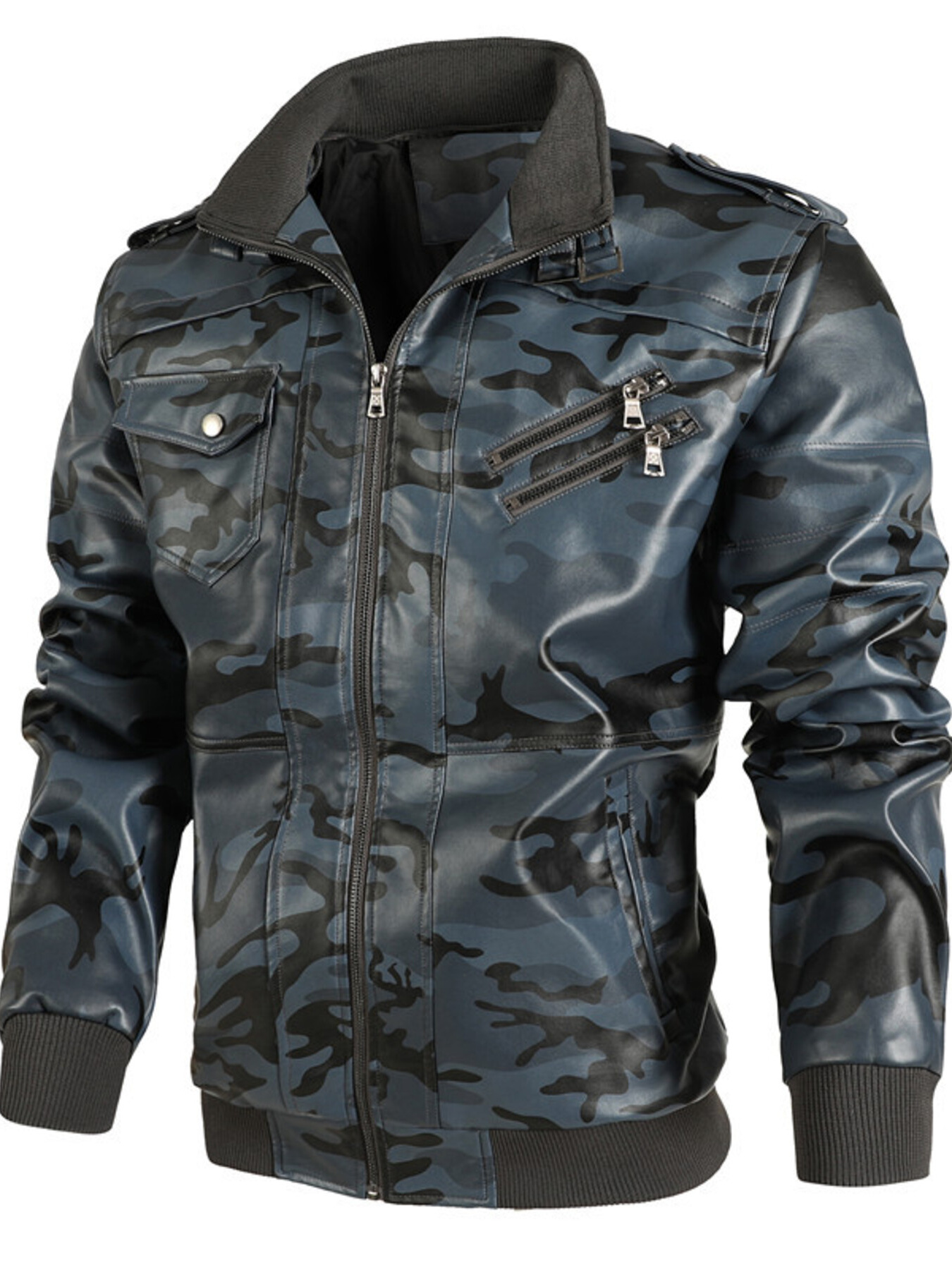 Men's Full Size Zip Up Camouflage Faux Leather Jacket Plus Size