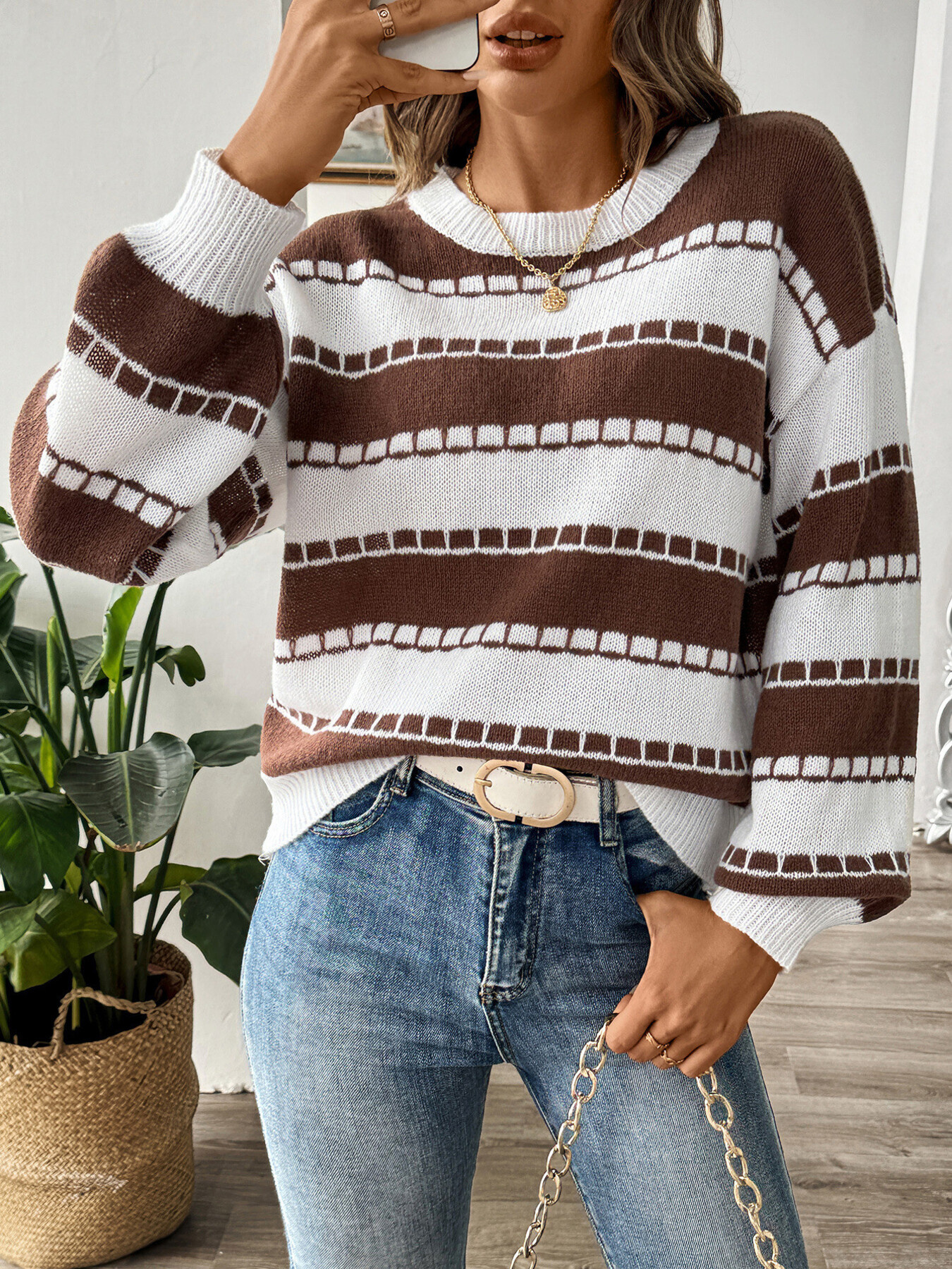 Striped Knit Dropped Shoulder Sweater