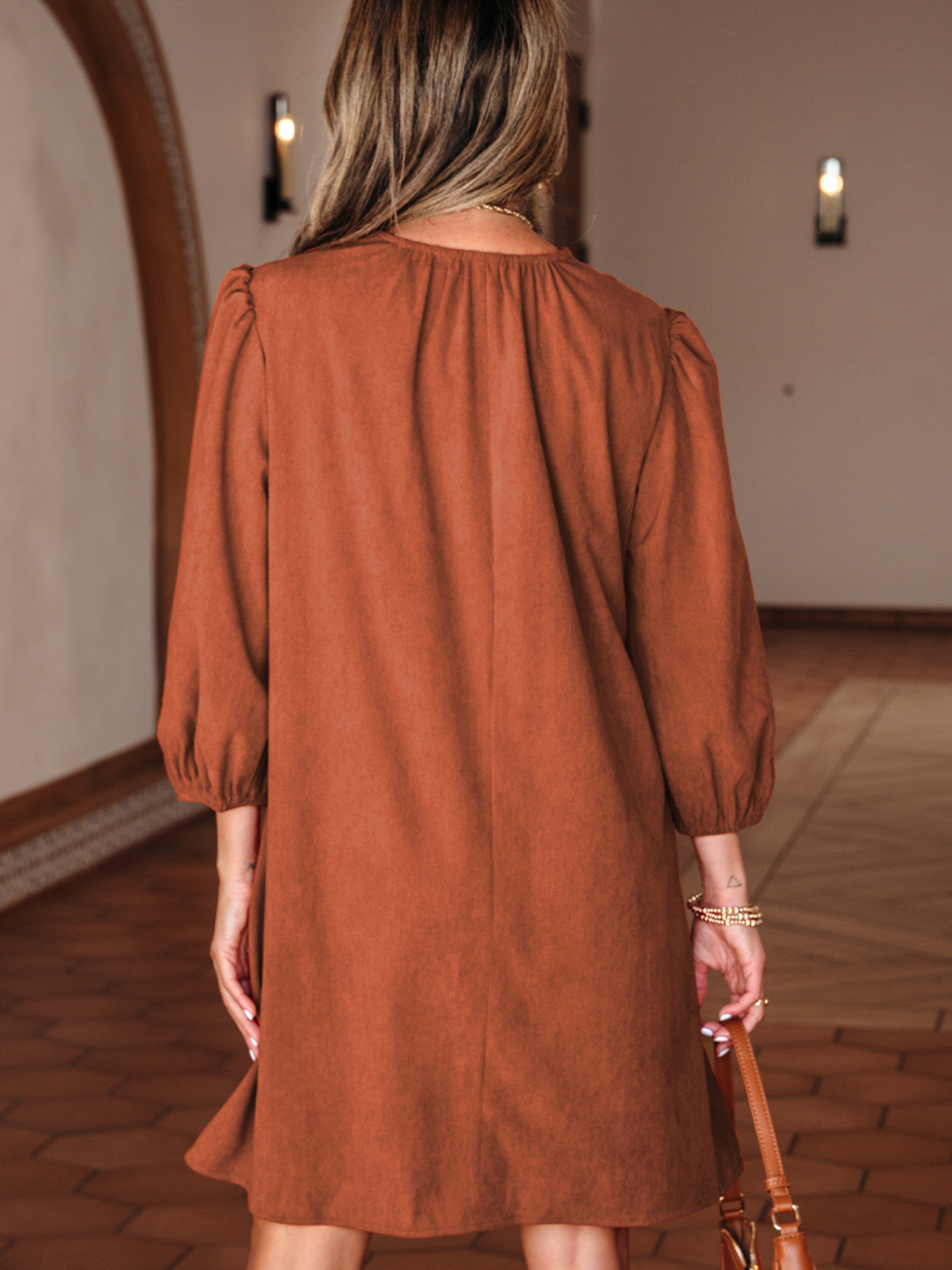 Split Neck Scallop Detail Corduroy Mini Dress