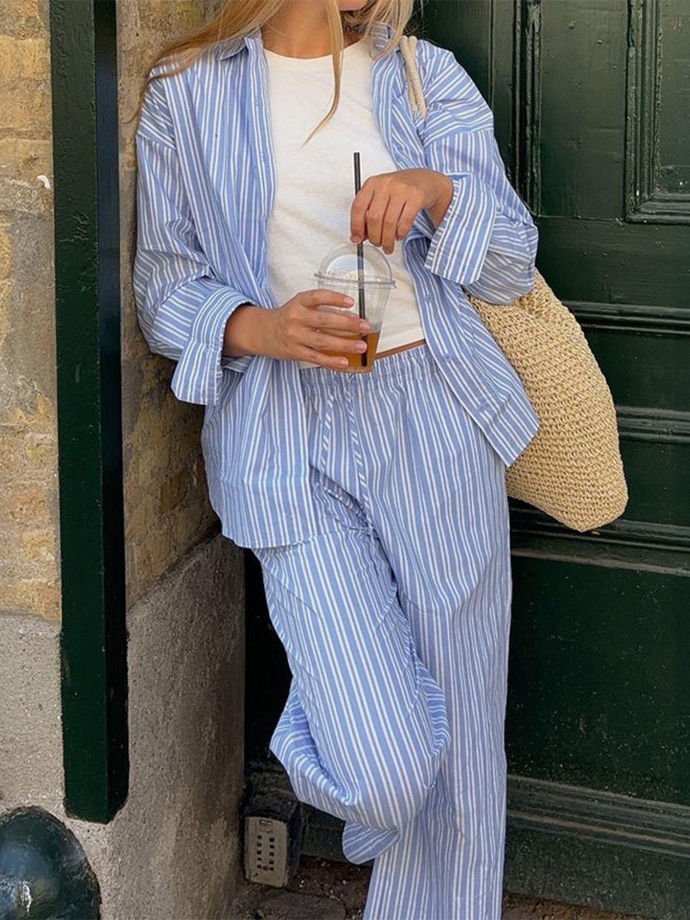 Striped Button Up Shirt and Pants Set