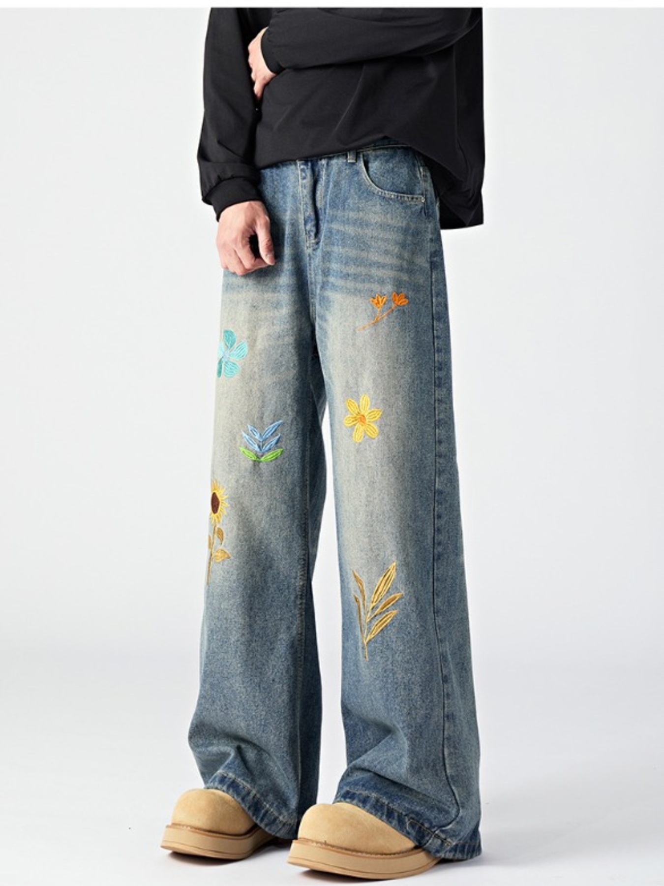 Men's Plus Size Floral Wide Leg Jeans