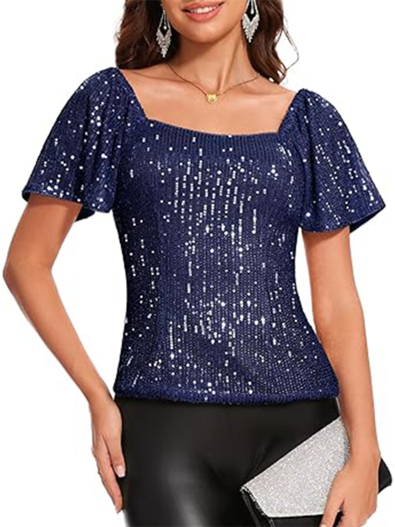Square Neck Sequin Short Sleeve Blouse