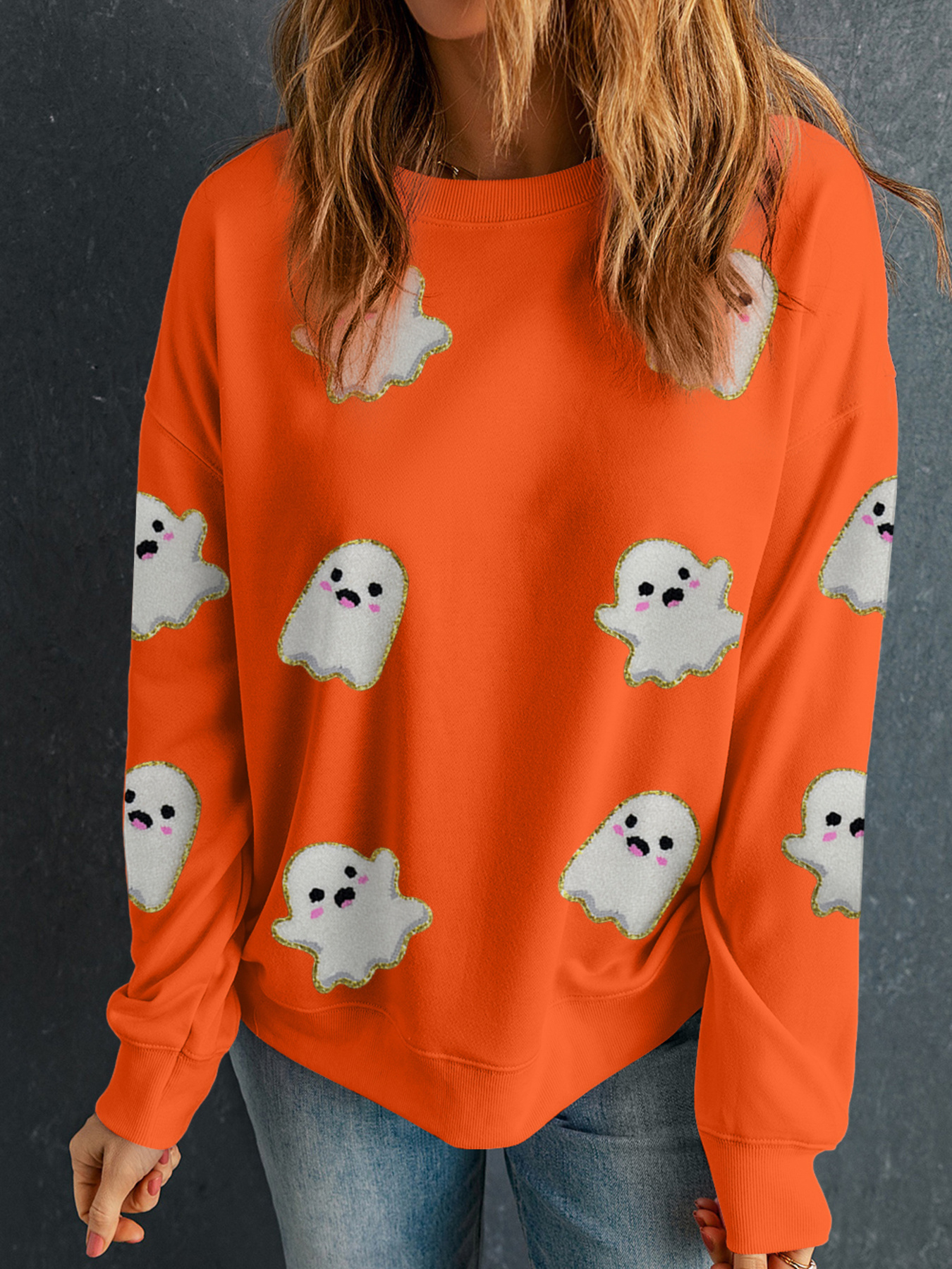 Halloween Ghost Patched Pattern Holiday Sweatshirt