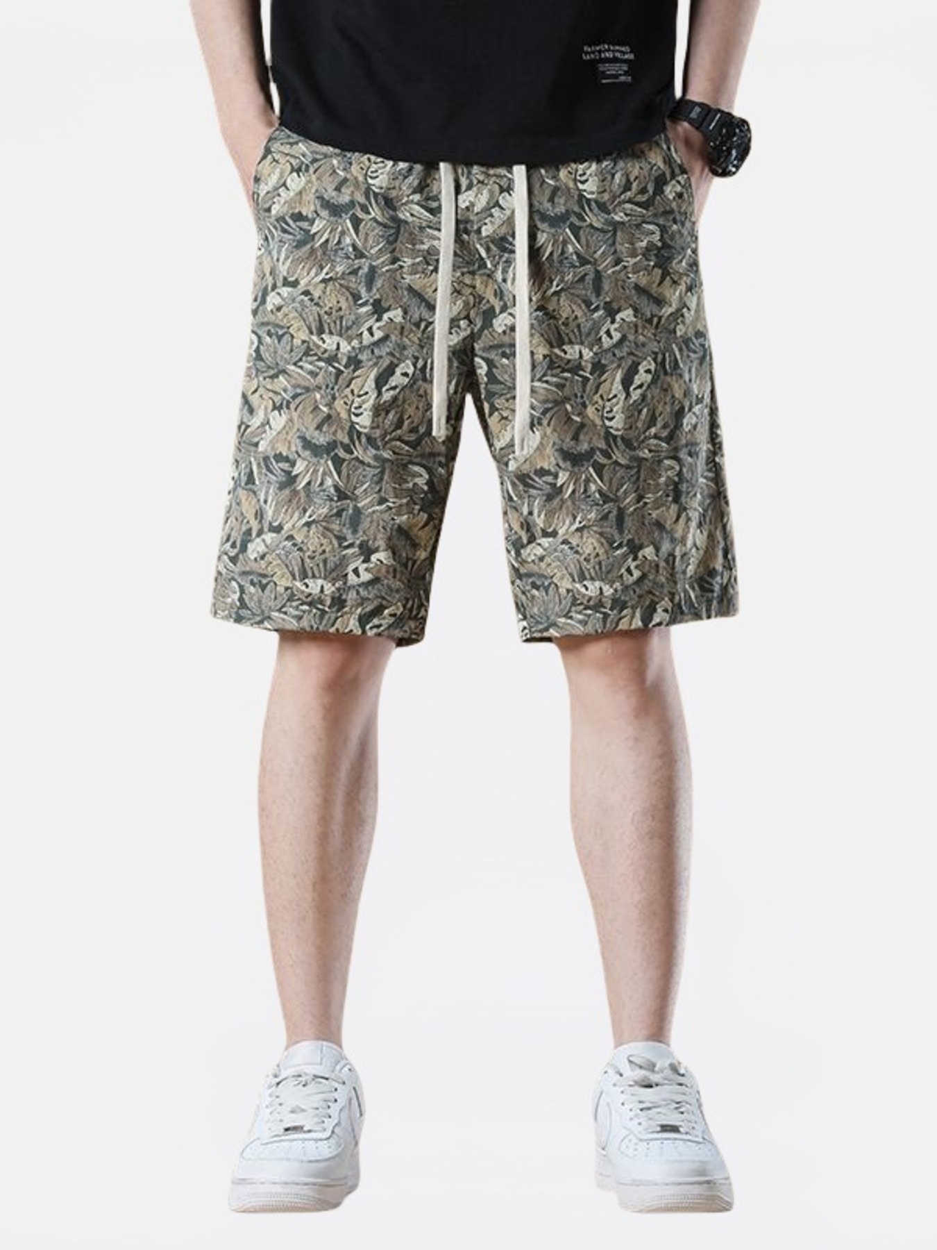 Men's Plus Size Drawstring Printed Wide-Leg Shorts