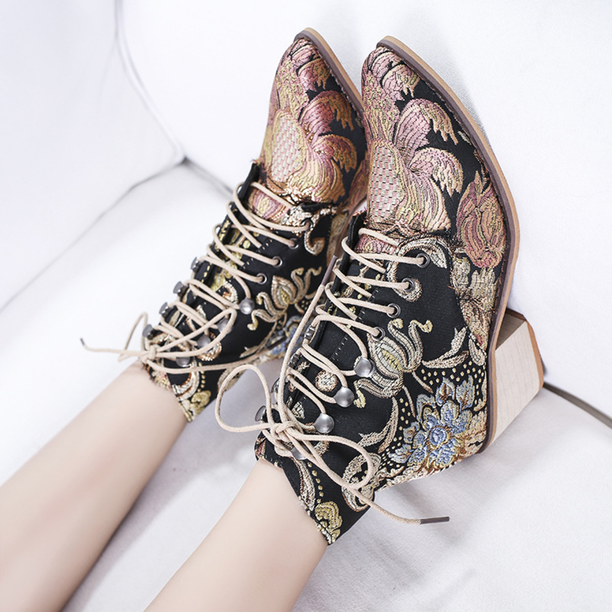 Embroidered Floral Lace-Up Ankle Boots