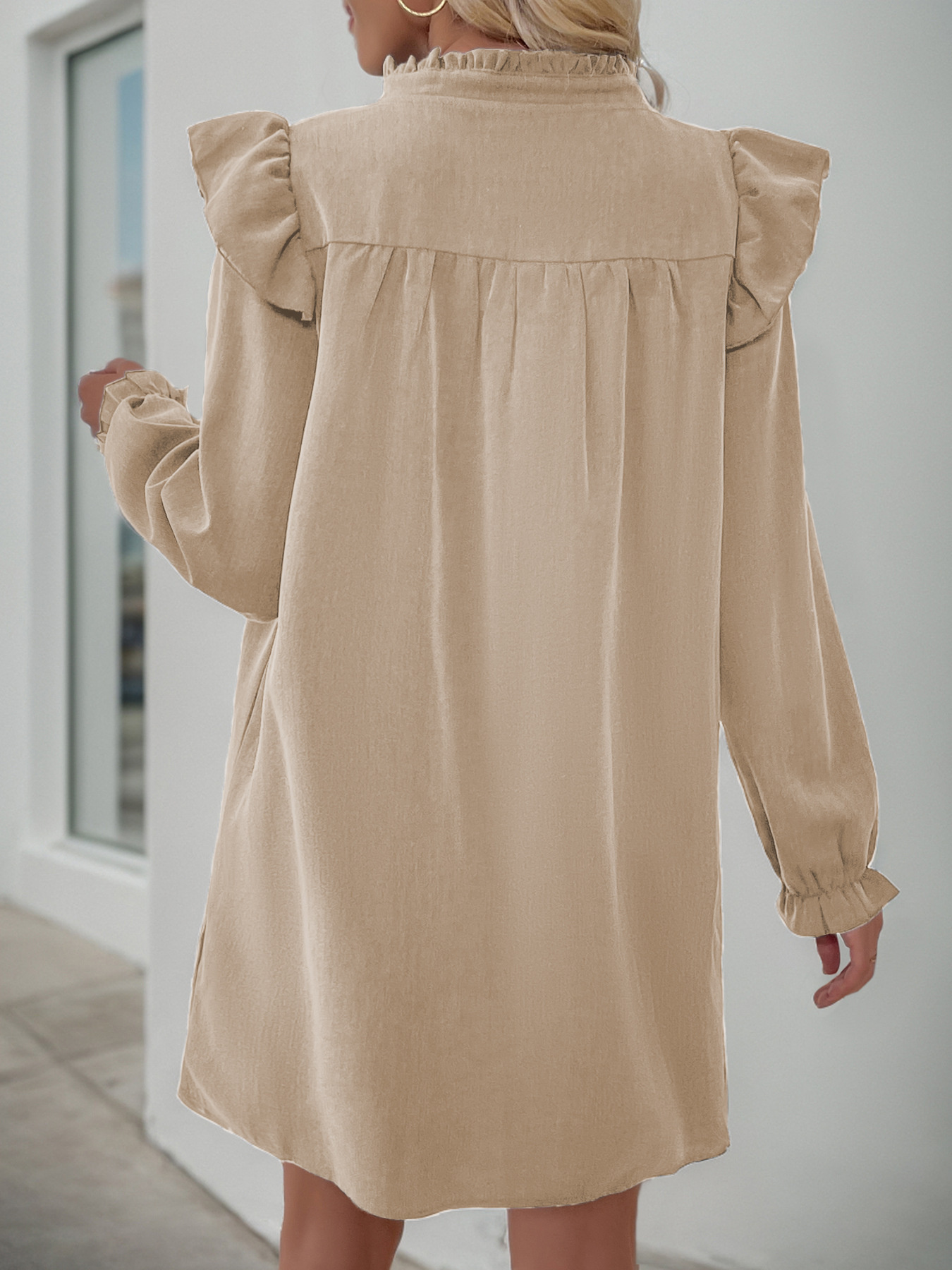 Ruffled Notched Long Sleeve Dress