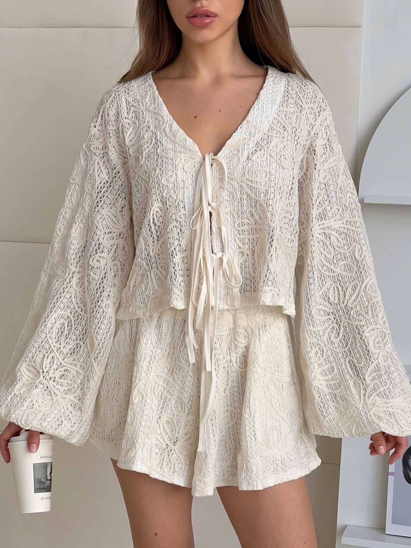 Lace Crochet Tie Front Top and Shorts Two-Piece Lounge Set