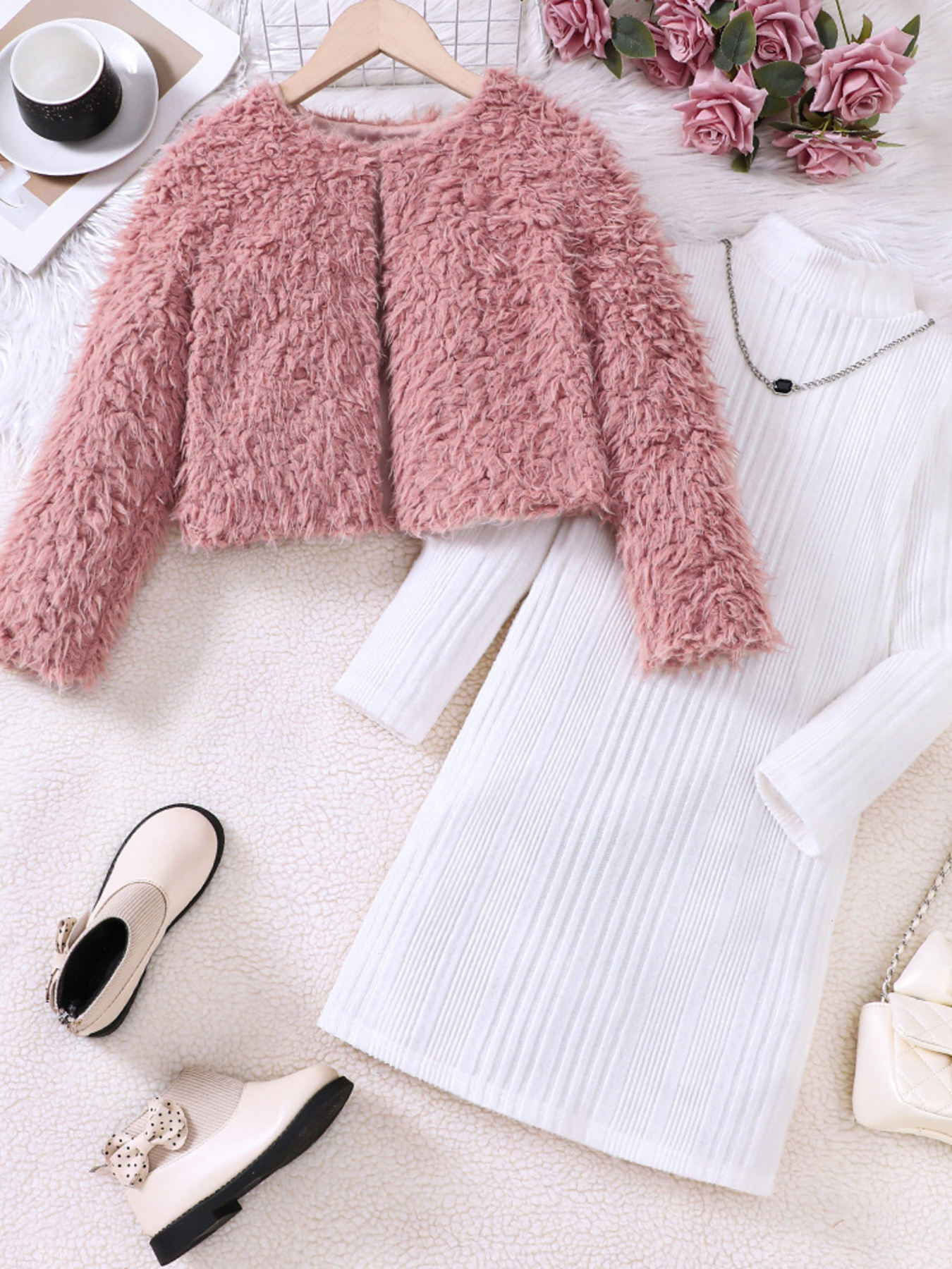 Children's Faux Fur Jacket & Ribbed Dress Set