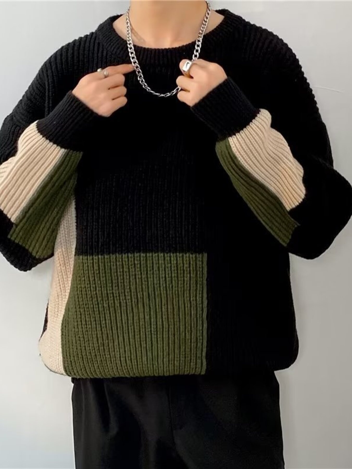 Men's Plus Size Color Block Long Sleeve Sweater
