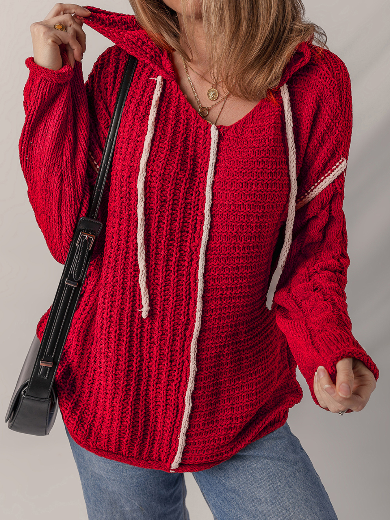 Contrast Trim Textured Knit Drawstring Hooded Sweater