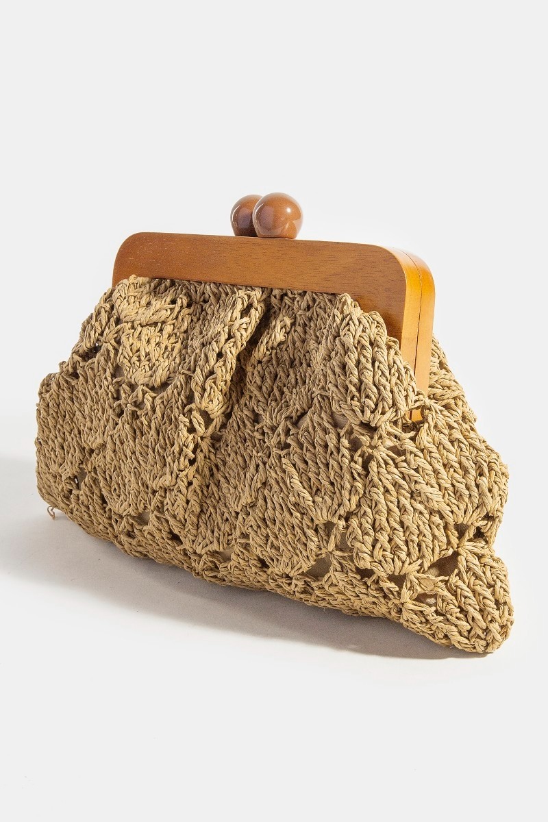 Fame Straw Braided Wooden Frame Clutch Bag