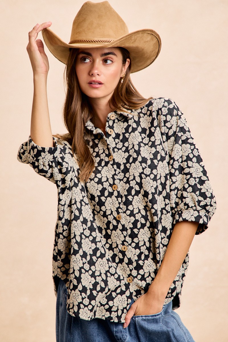 Floral Jacquard Short Dolman Sleeves Shirt