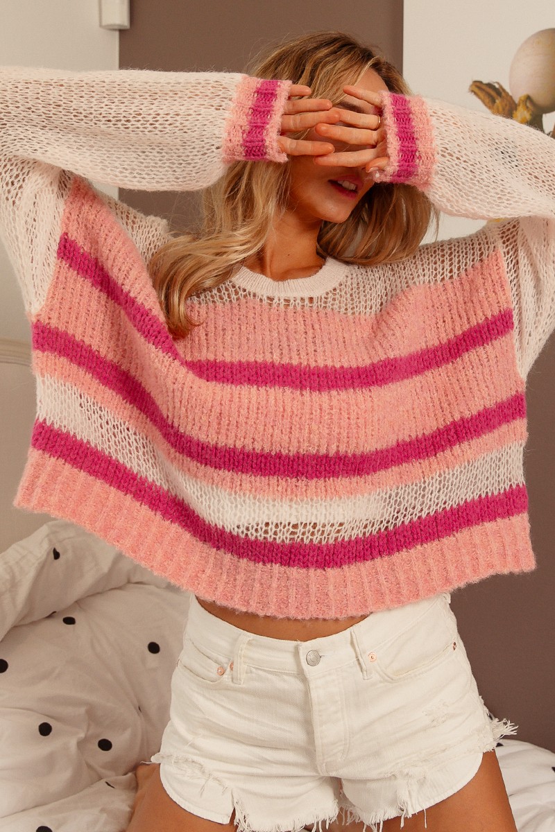 Hollow Out Yoke Detail Striped Sweater