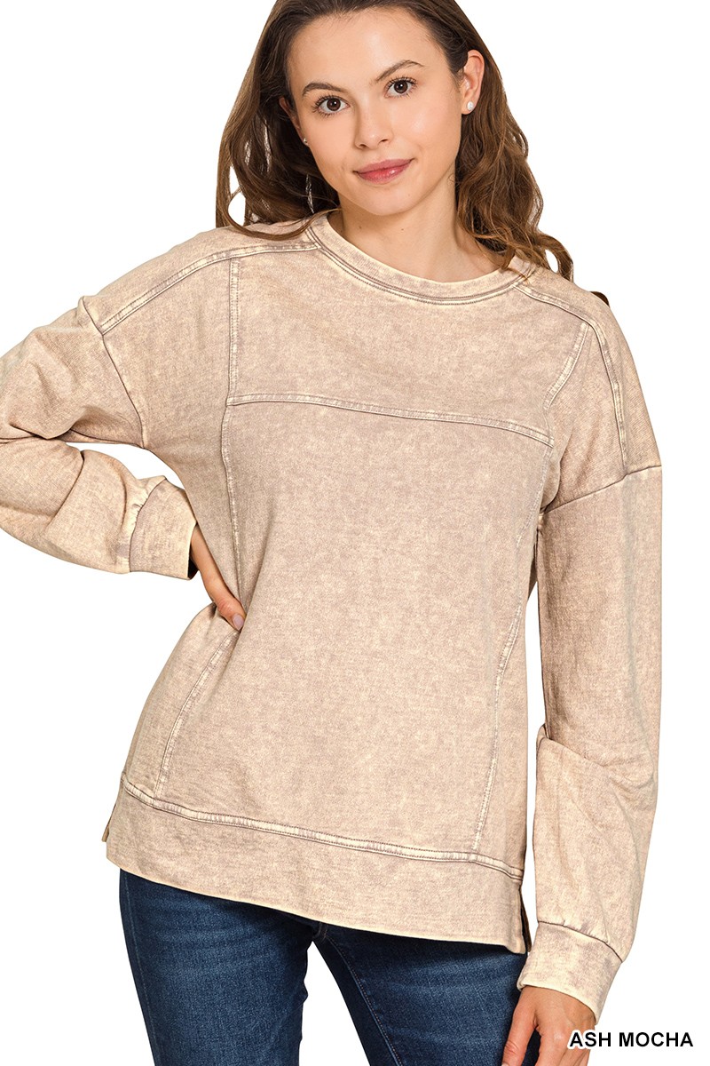 Zenana Acid Wash French Terry Exposed-Seam Pullover