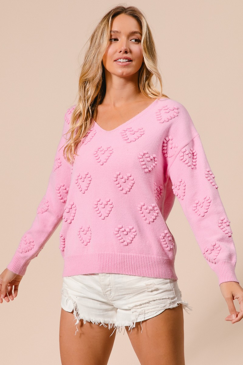 BiBi Valentines Heart Pompom V Neck Knit Top