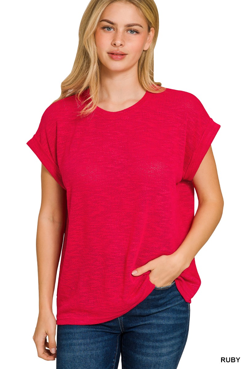 Zenana Hacci Slub Rolled Up Sleeve Tee