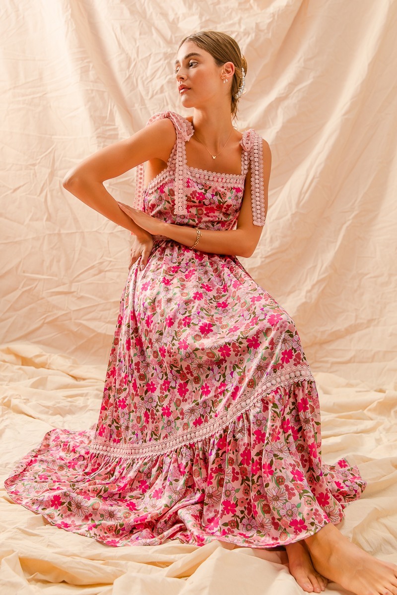 Floral Maxi Dress With Ribbon Tie Lace Strap
