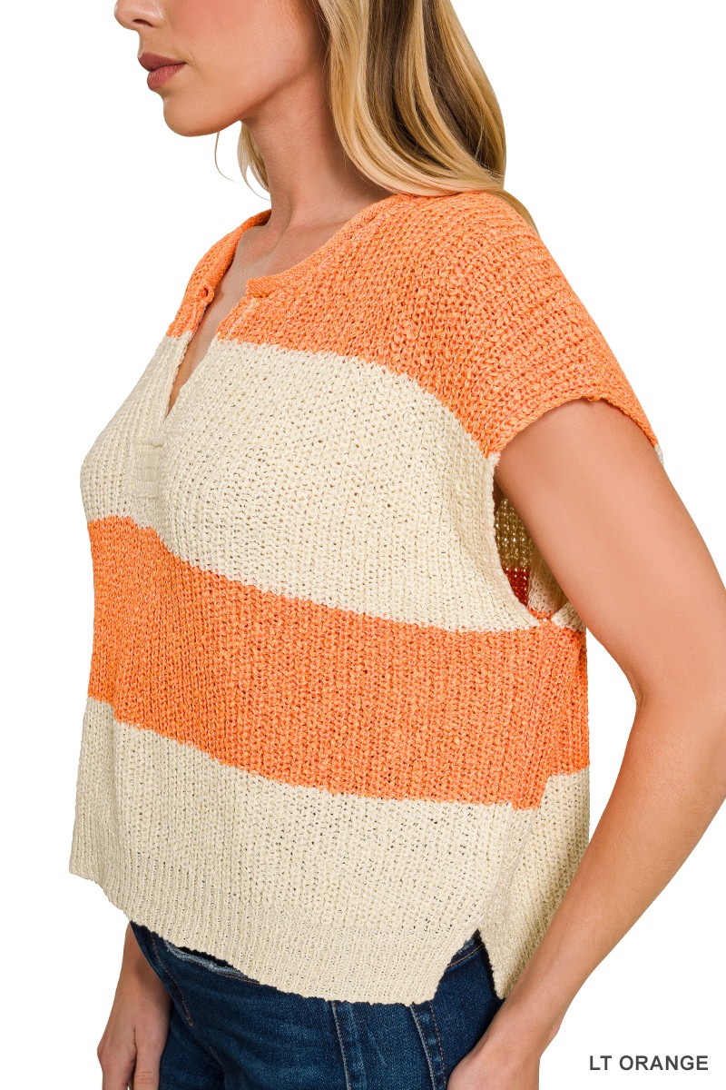 Split Neck Sleeveless Stripe Sweater