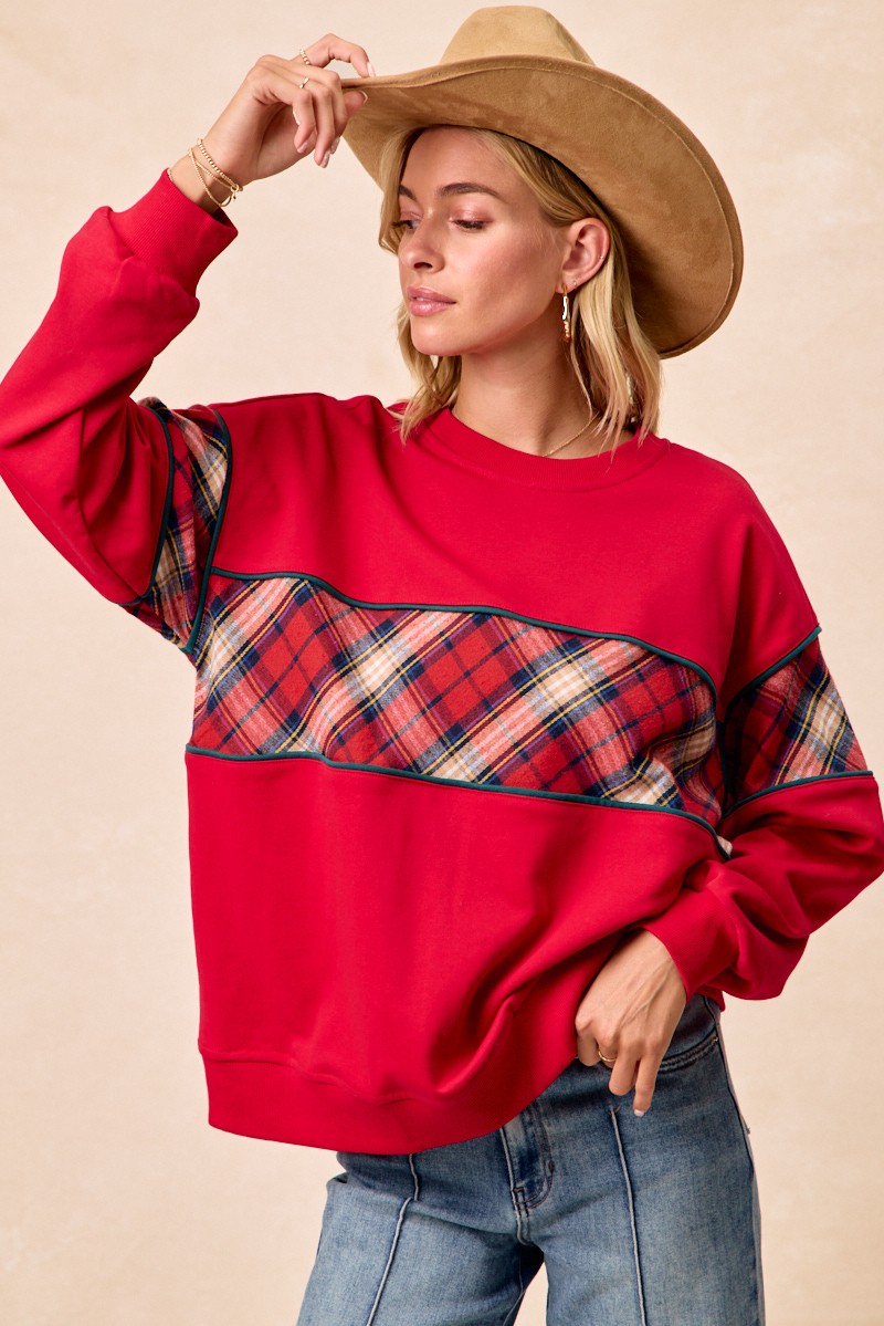 Christmas Theme Plaid Block Sweatshirt with Binding