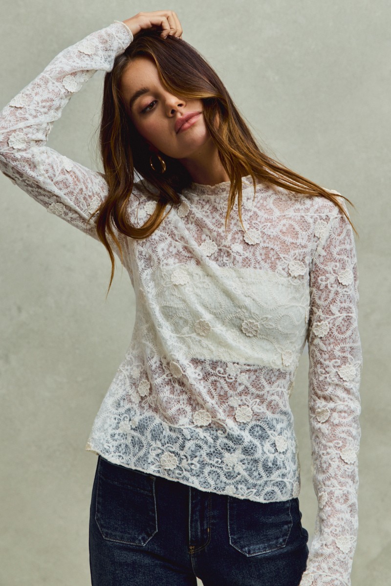 Lace Long Sleeve 3d Effect Floral Layering Top