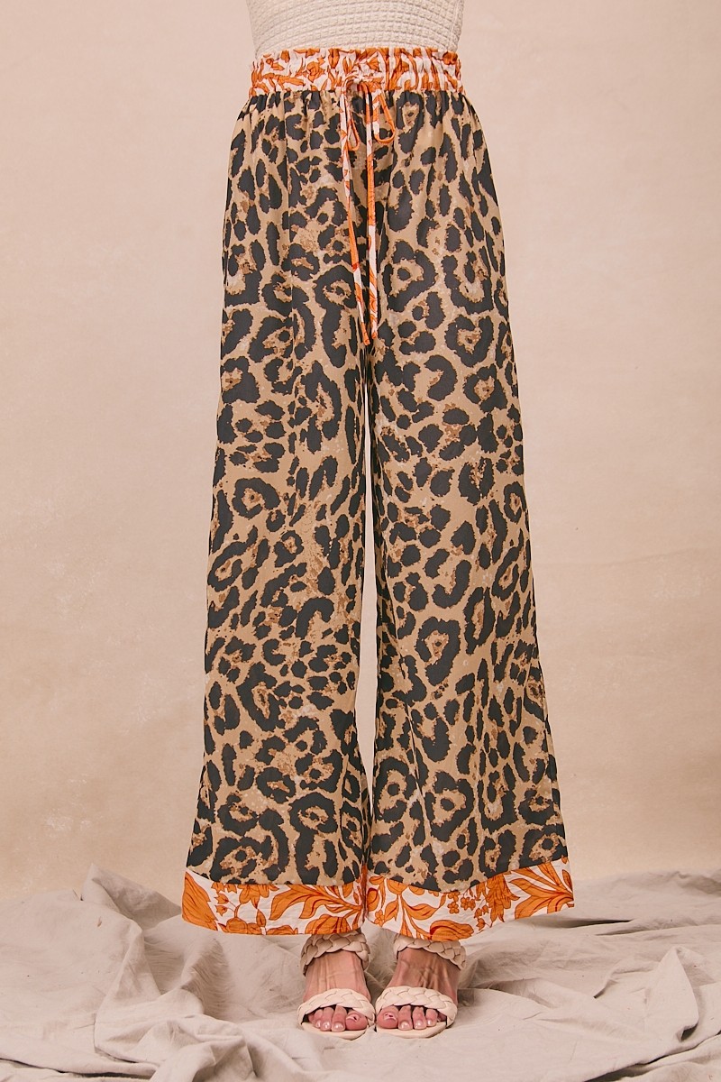 Leopard Print With Contrast Banded Wide Pants