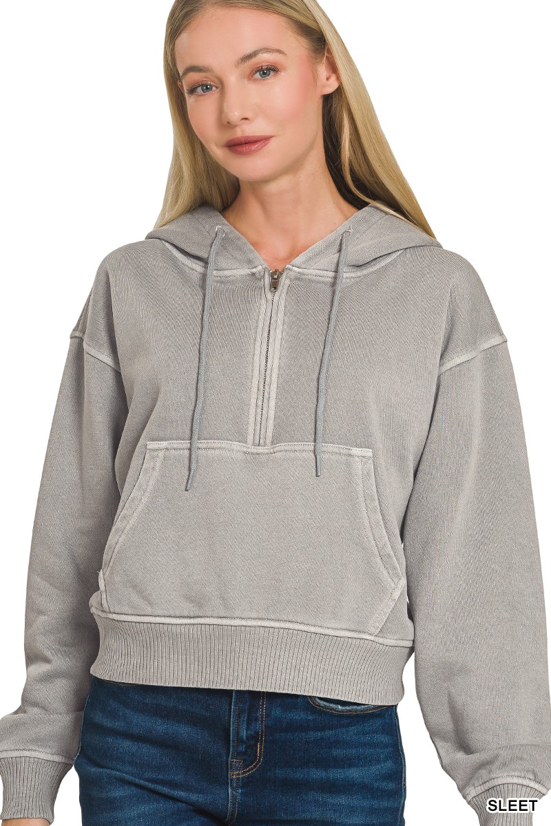 Zenana Fleece Pigment Dye Half Zip Kangaroo Pocket Hoodie