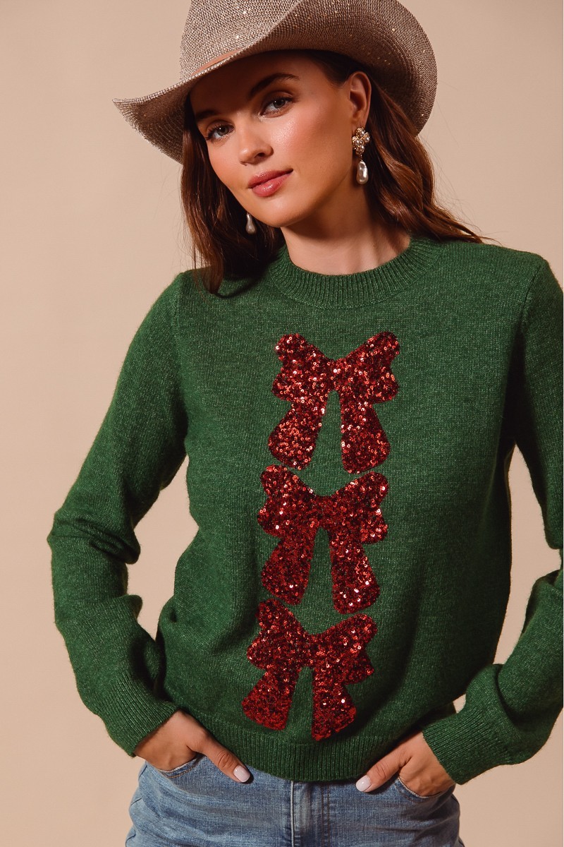 Sequins Bow Ribbon Embellished Christmas Sweater