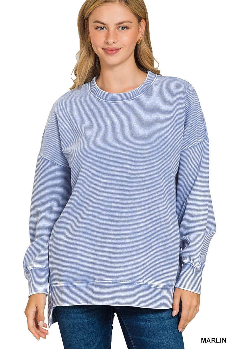 Zenana Full Size Acid Washed Double Ribbed Hi-low Sweatshirt Plus Size