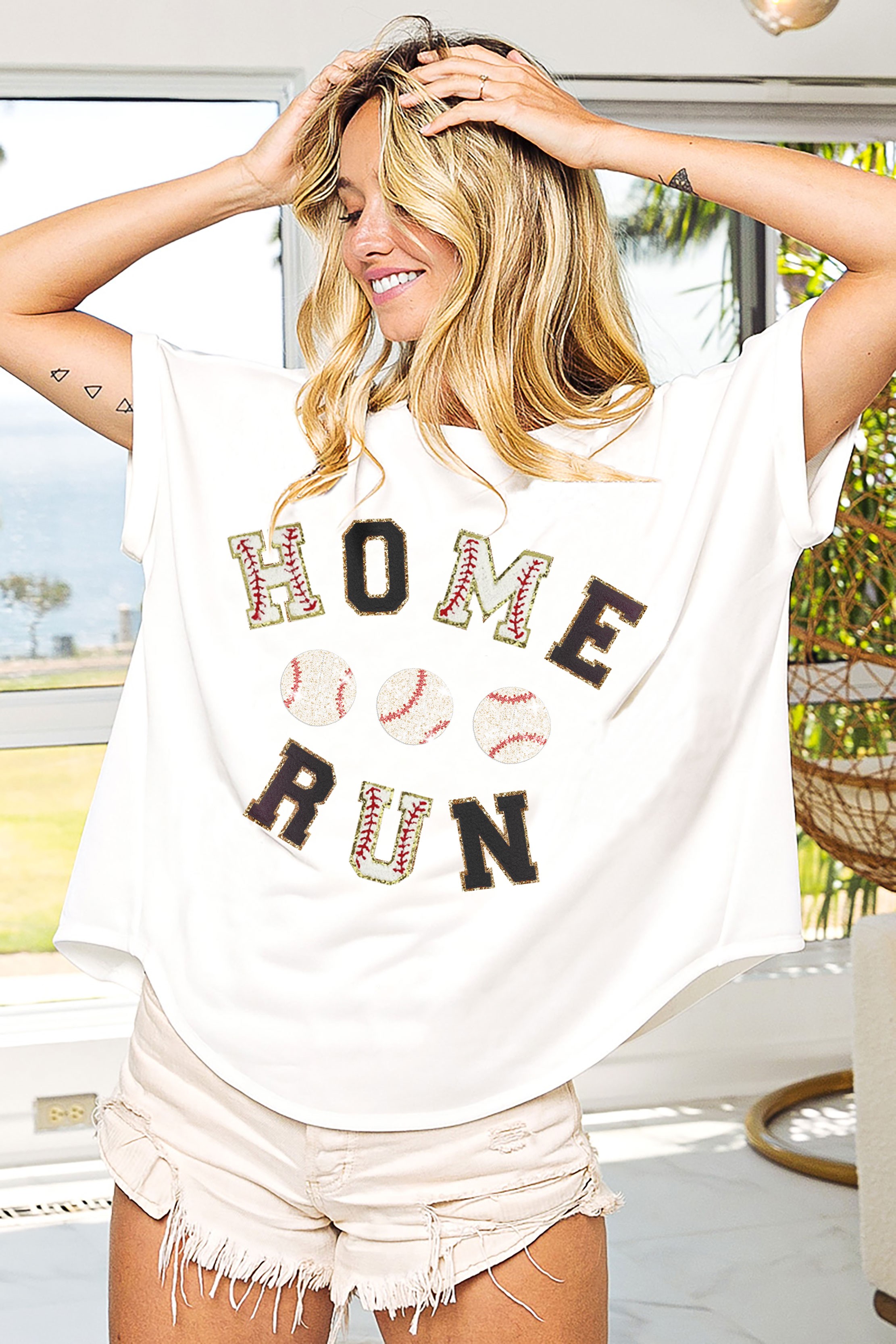 Bibi Baseballs Homerun Letter Washed Short Sleeve Top