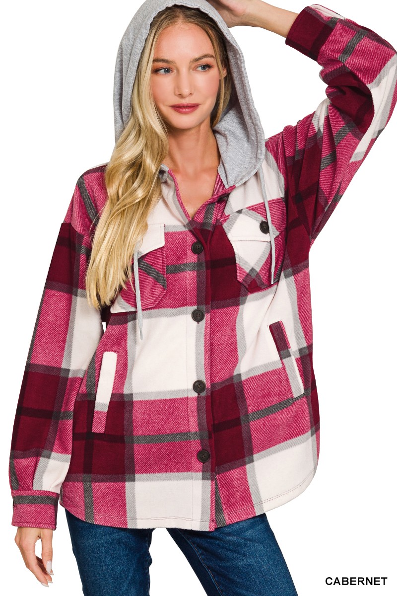 Plaid Drawstring Hooded Fleece Shacket