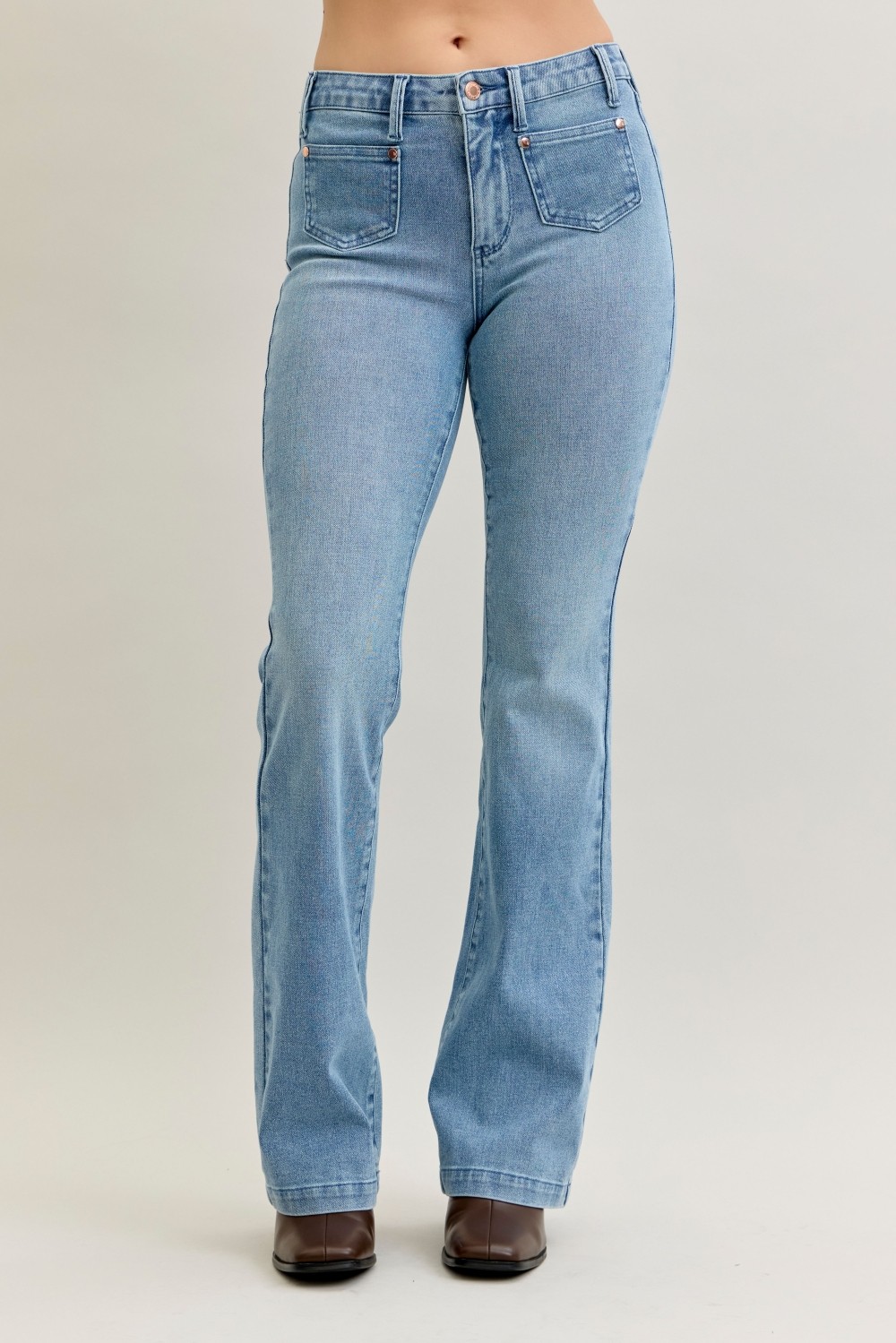 Judy Blue Full Size Mid Rise Bootcut Jeans With Contrast Wash & Front Patch Pockets Plus Size