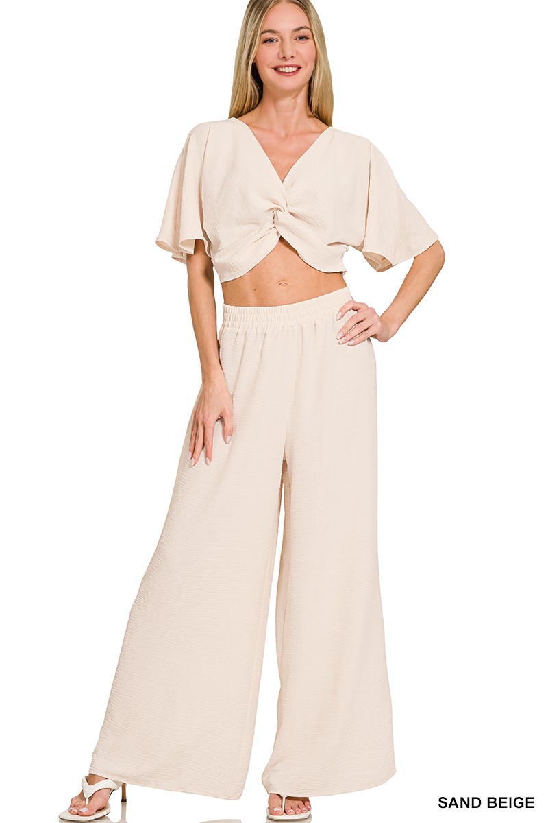 Zenana Woven Airflow Twisted Top & Wide Leg Pants Set