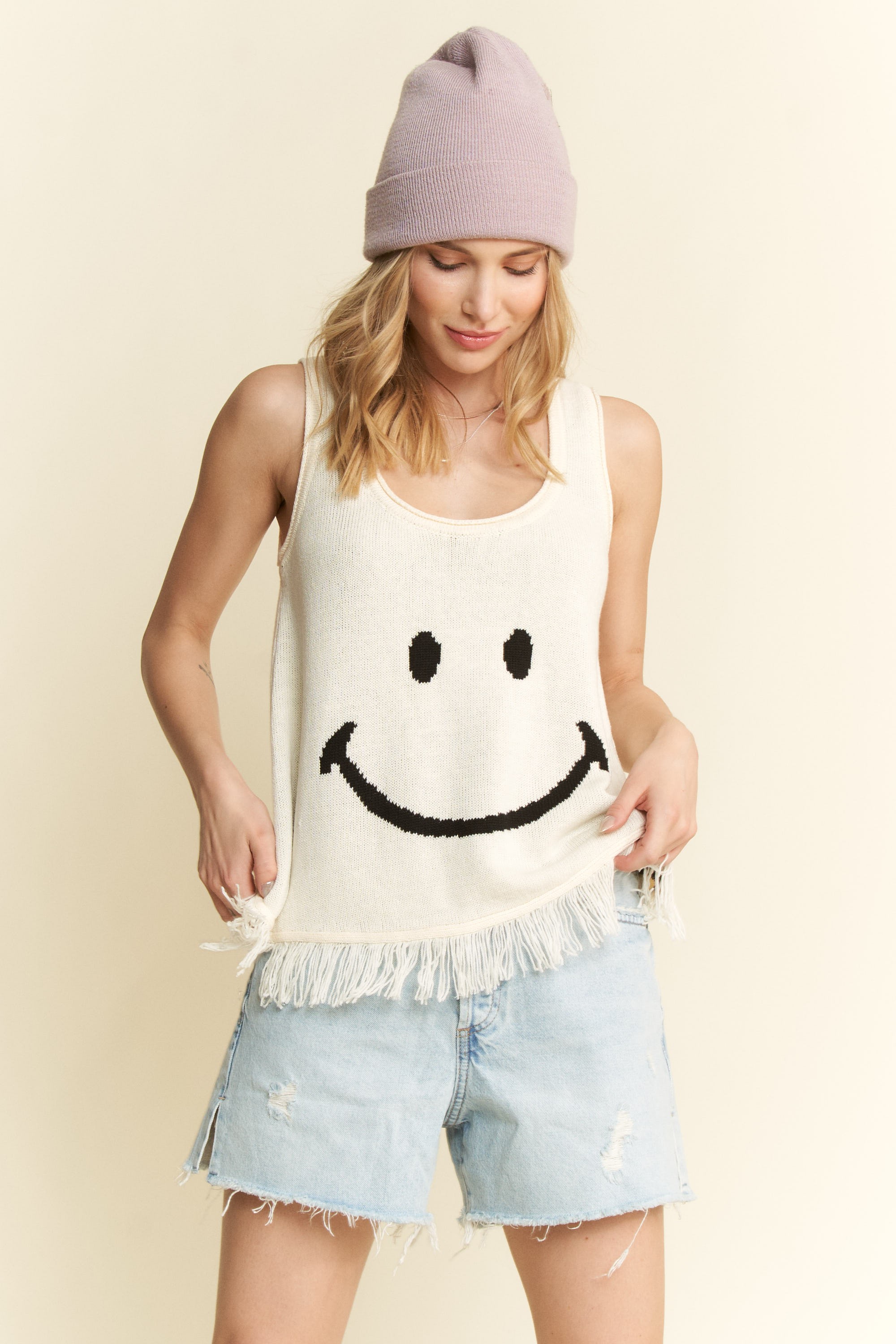 Full Size Smiley Fringe Hem Tank Plus Size