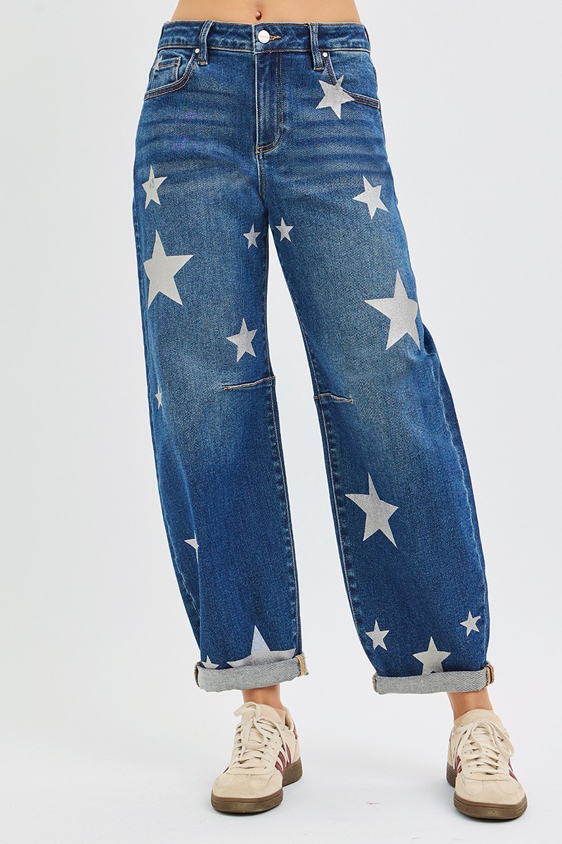 Mid Rise Ankle Length Relaxed Barrel Star Printed Jeans