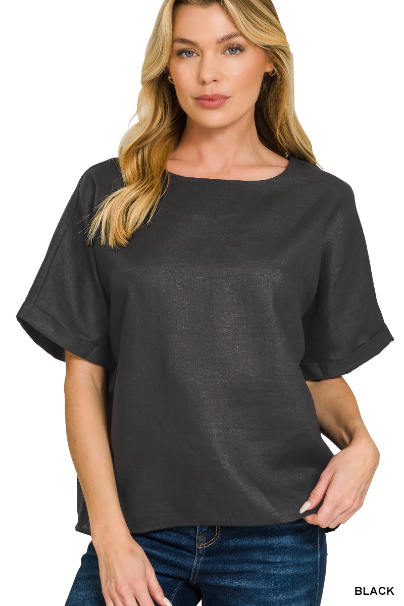 Zenana Linen Round Neck Cuffed Sleeve Top