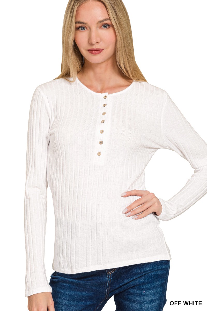 Ribbed Long Sleeve Half Button Top