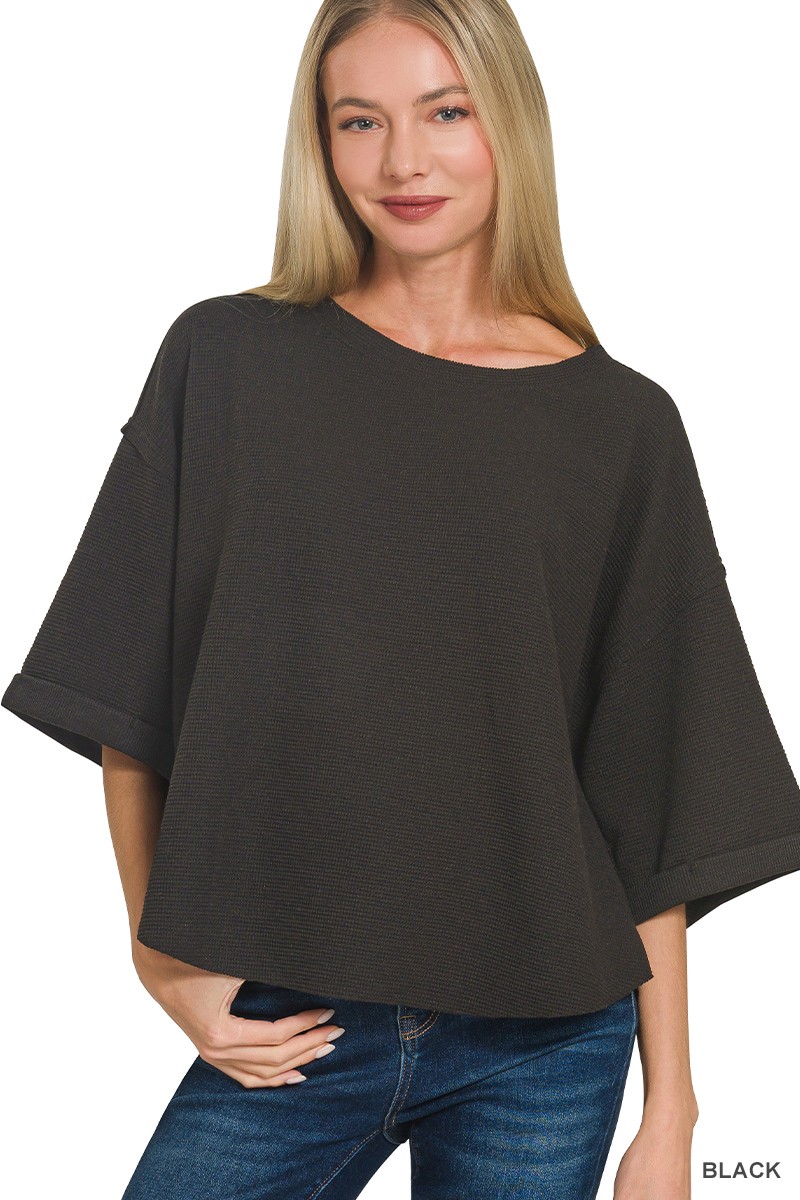 Zenana Double Knit Exposed Seam Curved Hem Top