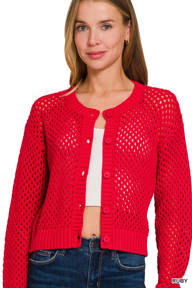 Zenana Button Down Lightweight Crochet Cardigan Sweater