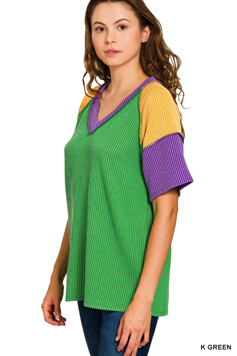 Mardi Gras Raised Rib Color Block Top