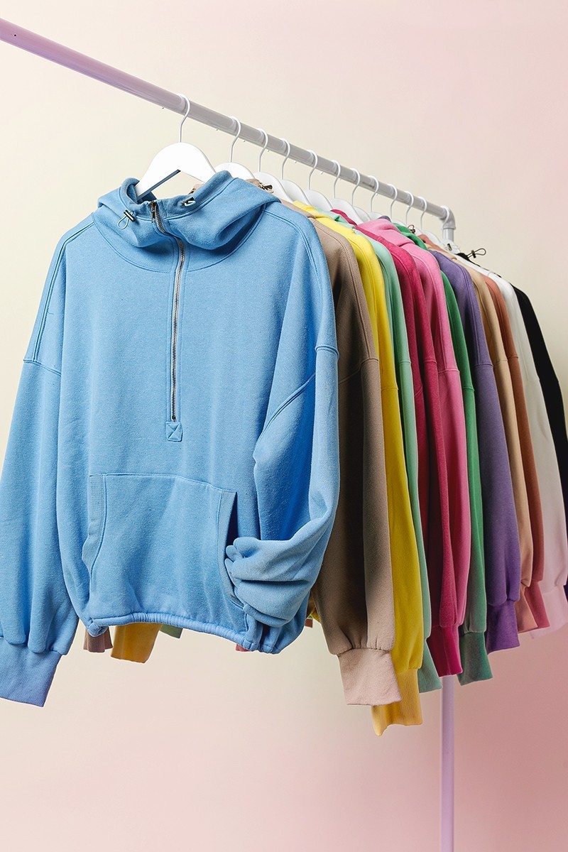 Stitch Detailed Elastic Hem Half Zip Fleece Hoodie