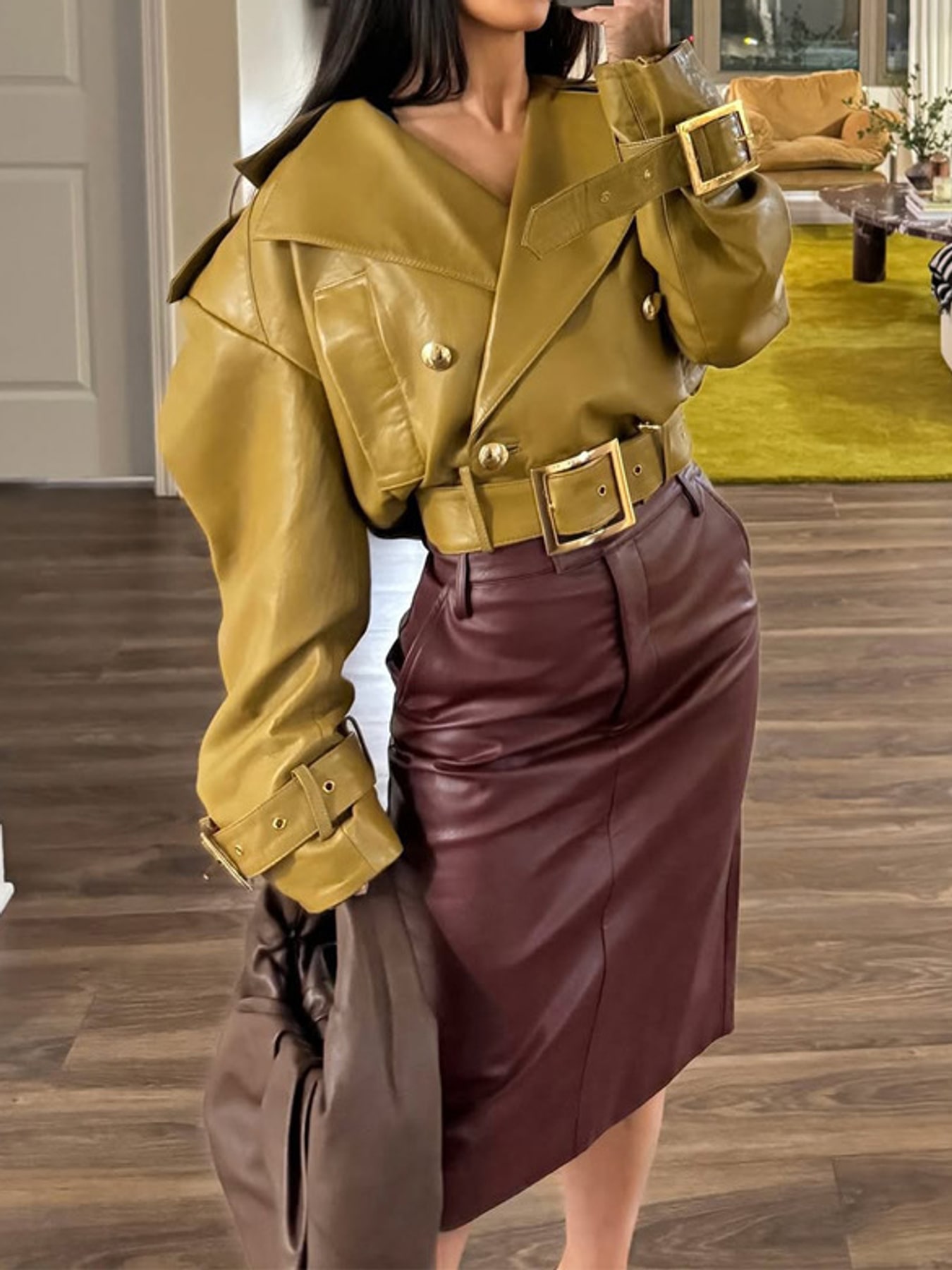 Faux Leather Cropped Jacket with Buckle Details