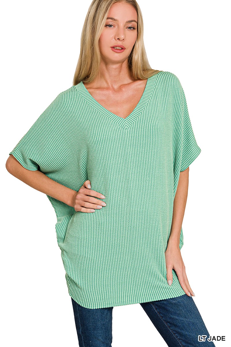 Raised Rib V-Neck Batwing Top