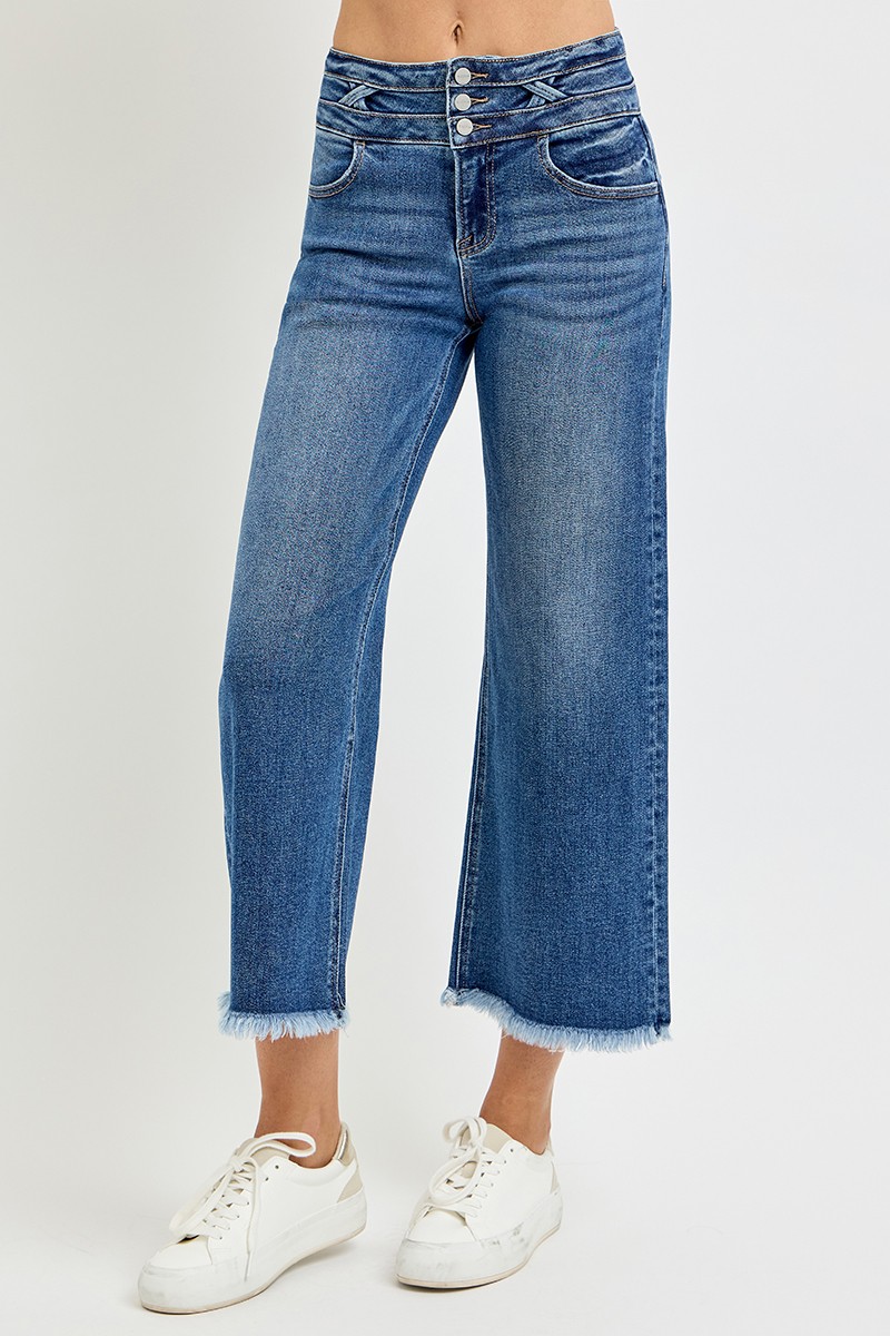 High Rise Crop Wide Leg Jeans with Wide Band Detail