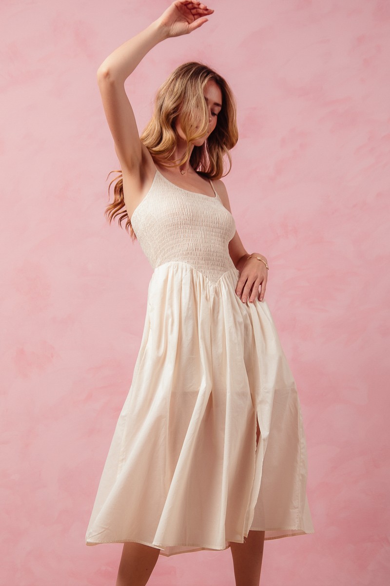 Smocked Sleeveless Casual Everyday Dress With Slit