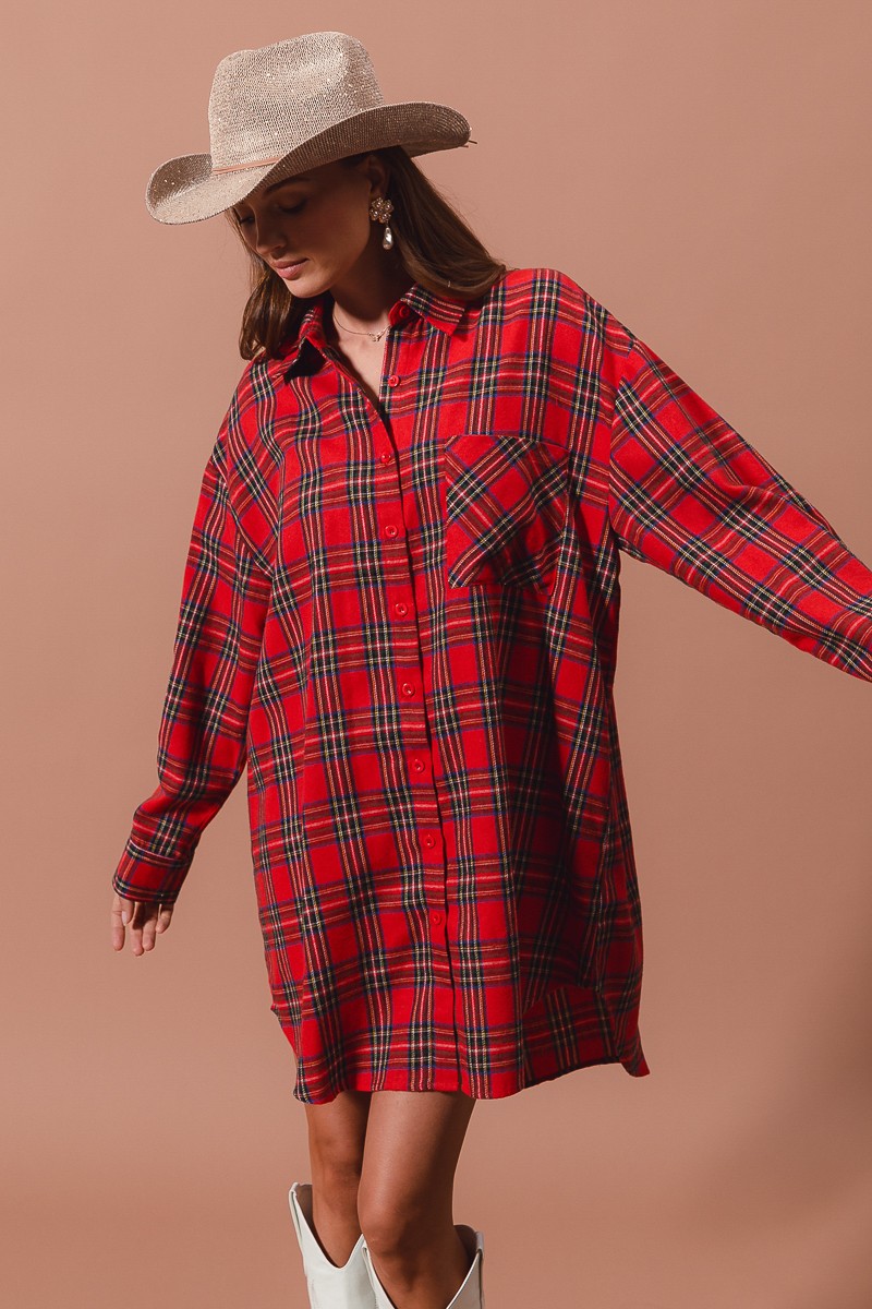 Christmas Checker Plaid Button Up Shirt Dress