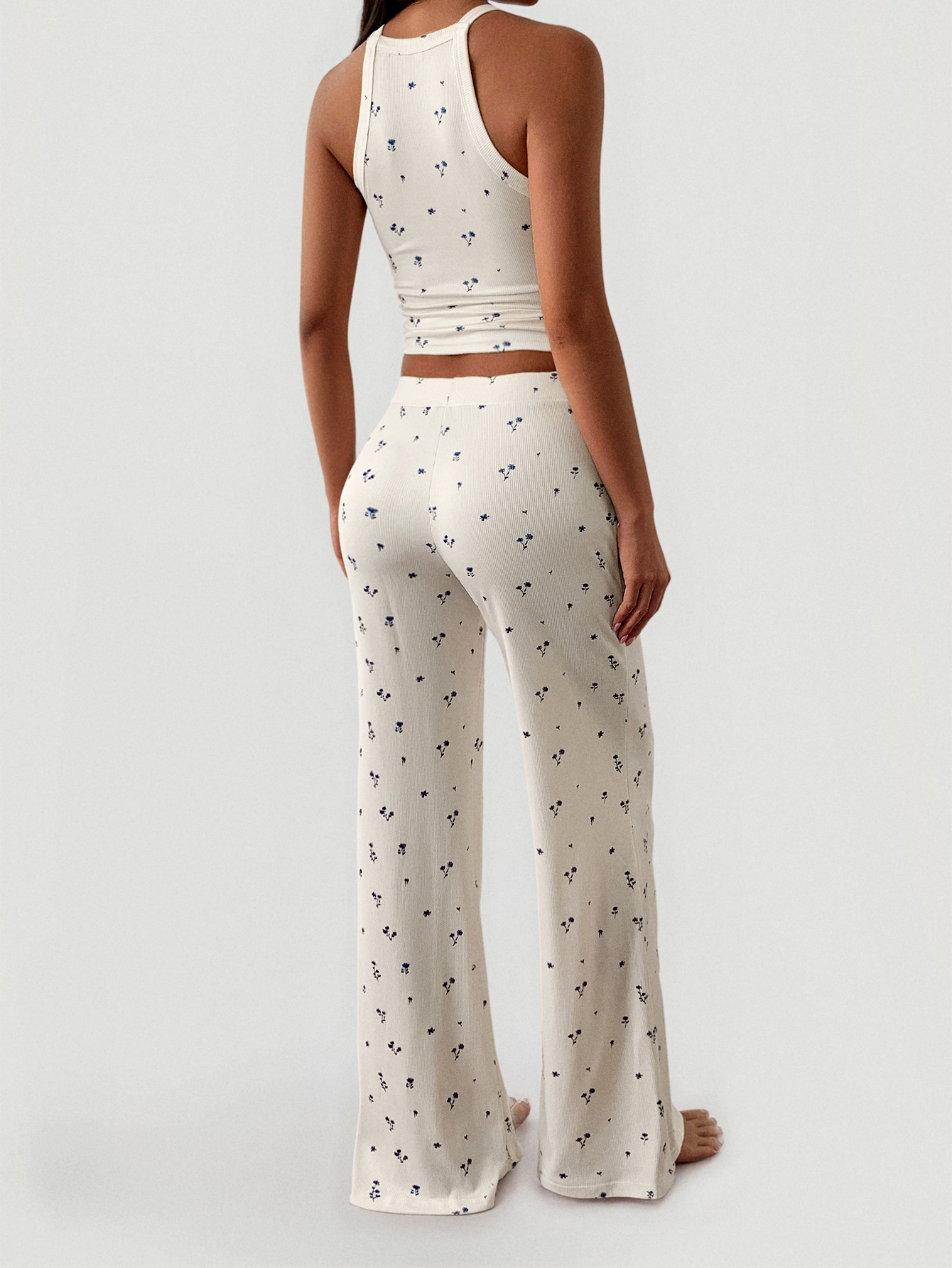 Floral Ribbed Cami and Wide Leg Pants Set