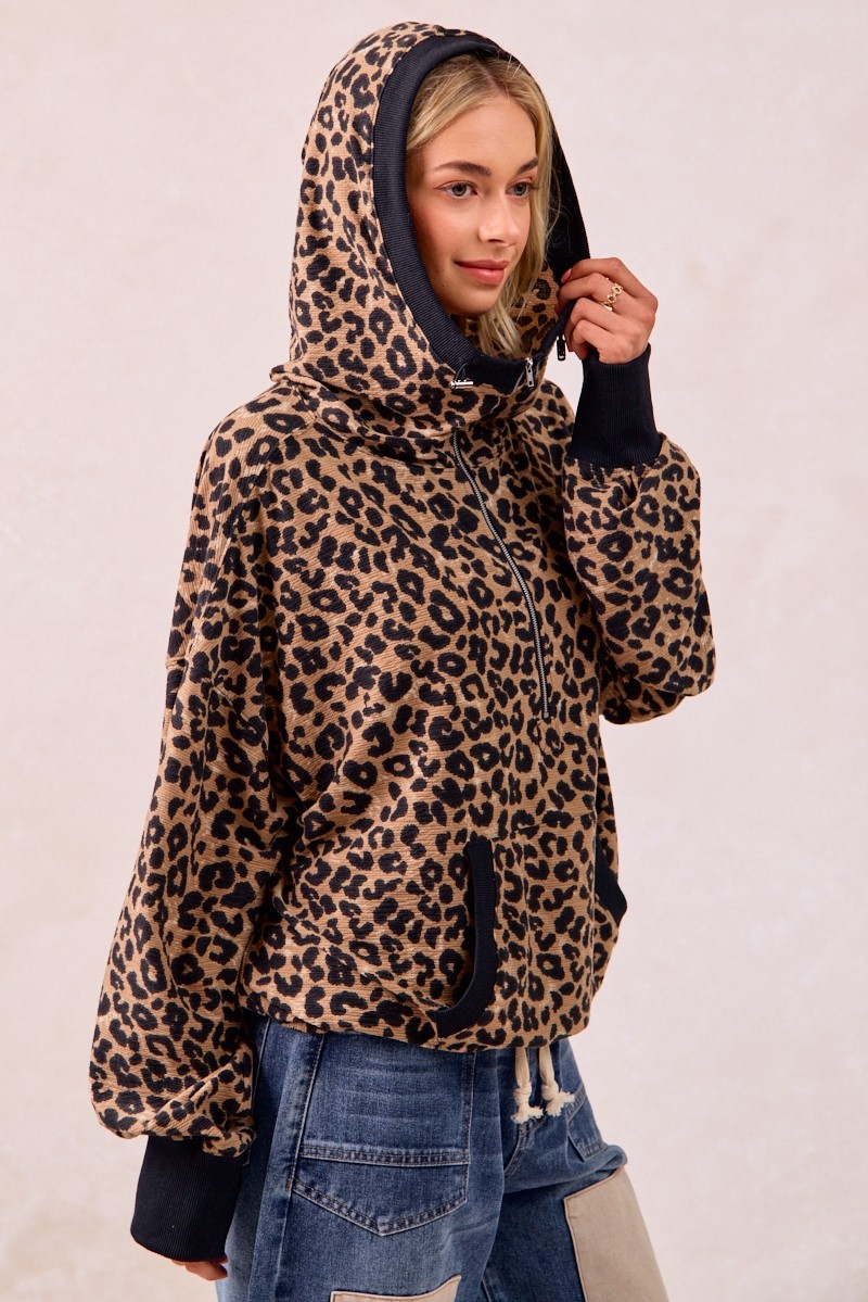 Leopard Print Waffle Half Zip Up Hoodie W Pocket