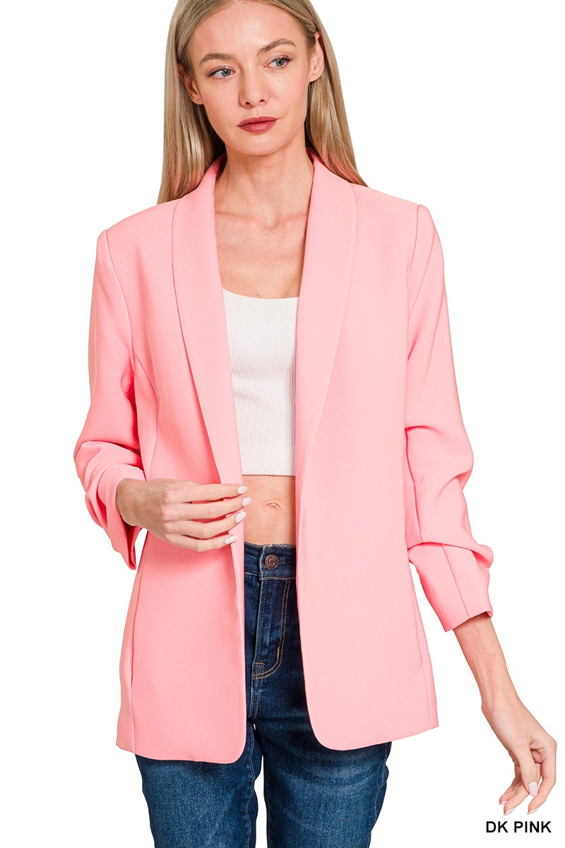 Zenana Woven 3/4 Ruched Sleeve Open Front Classic Blazer