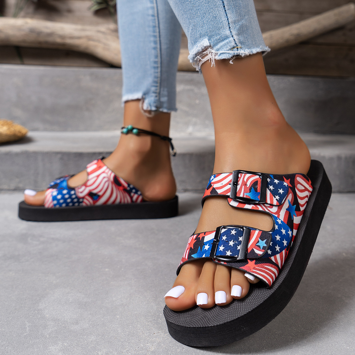 American Flag Patriotic Double Strap Sandals